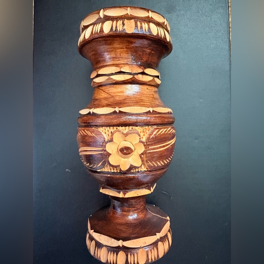 Hand-Carved Brown Wooden Candlestick - Unbranded
